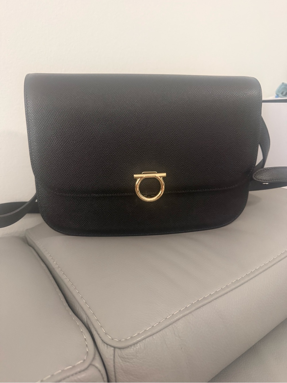 Salvatore Ferragamo Black Shoulder Bag with Gold Gancini